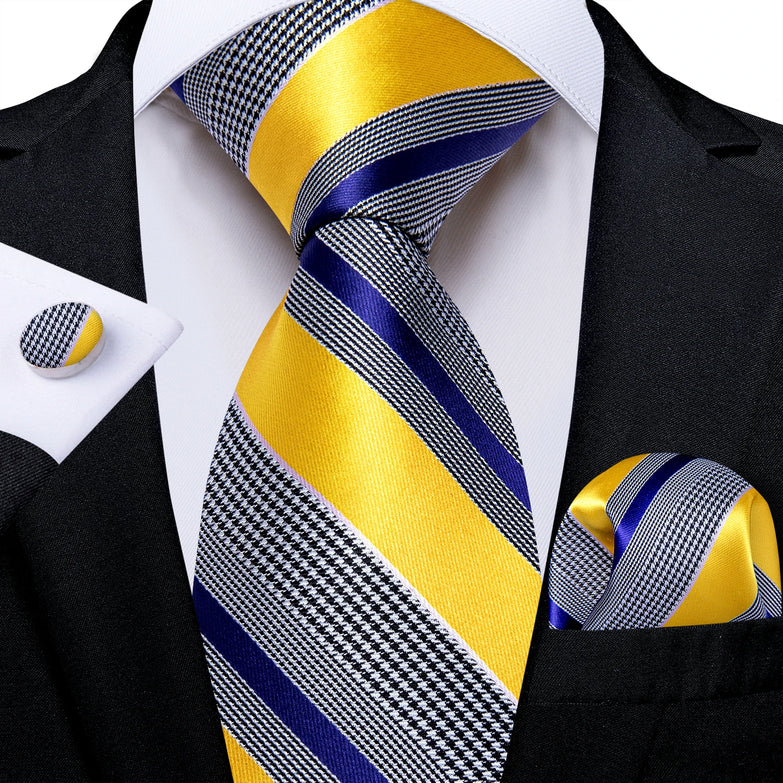 Cravate Jaune et Gris a Rayures Bleu