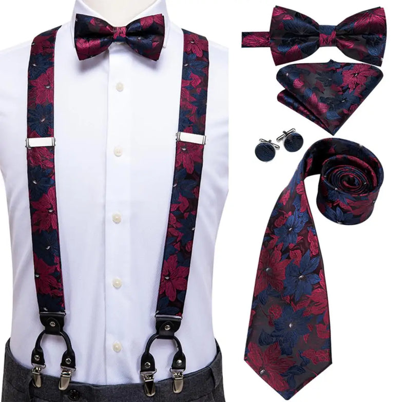 Set complet Bretelles Nœud Papillon et Cravates Bordeaux Floral