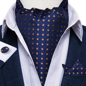 Blue Ascot Tie with Gold Polka Dots