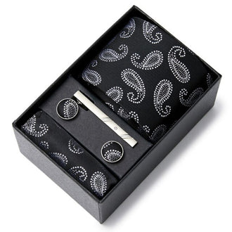 Cravate Noir Motifs Paisley Blanc