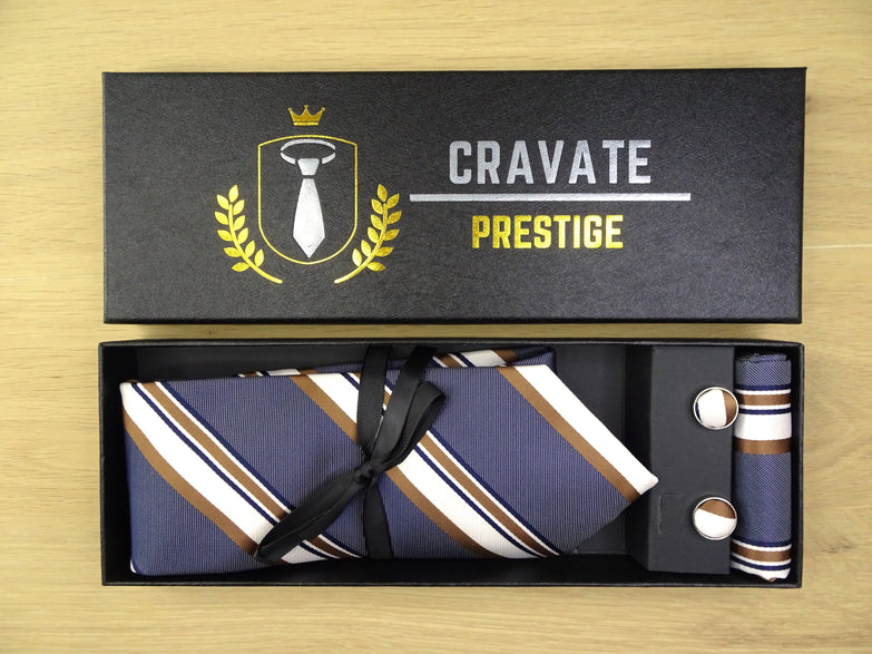 Coffrets Cravate Pack Prestige Bleu à Rayures Blanche et Cuivre