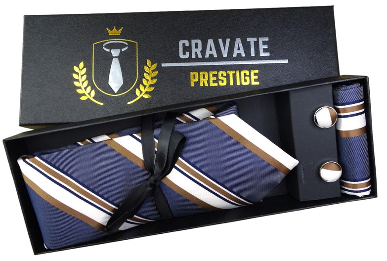 Coffrets Cravate Pack Prestige Bleu à Rayures Blanche et Cuivre