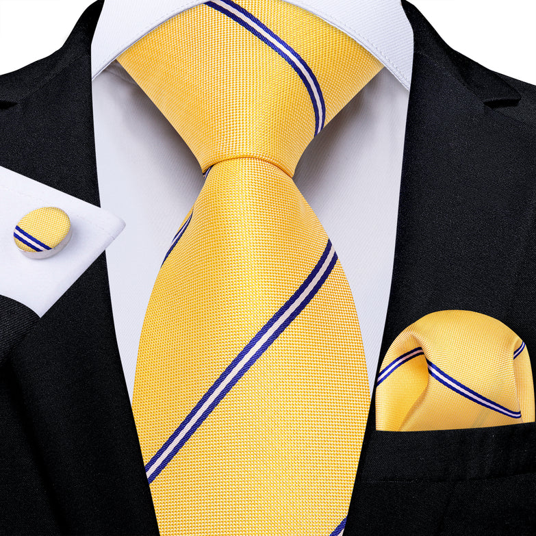 Cravate Jaune a Rayures Bleu et Blanc
