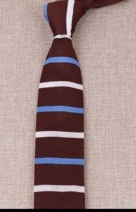 Cravate en Tricot Marron Rayée Blanc et Bleu Ciel - Cravate Prestige