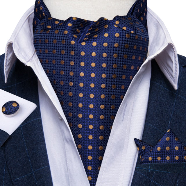 Blue Ascot Tie with Gold Polka Dots