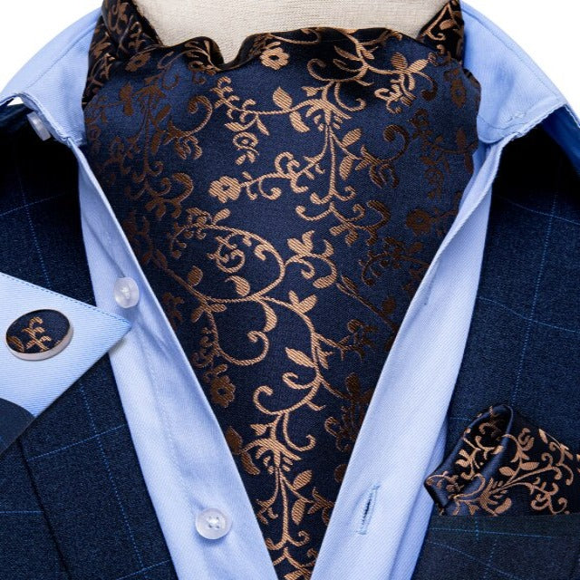 Black Ascot Tie with Gold Pattern