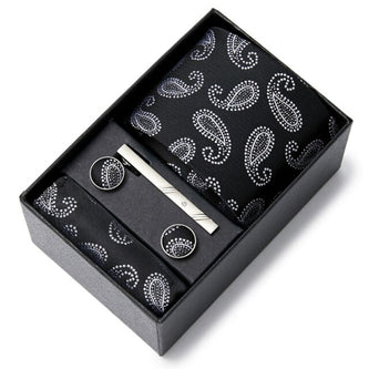 Cravate Noir Motifs Paisley Blanc